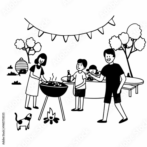 Whimsical Line Art Illustration of a Family Reunion Barbecue