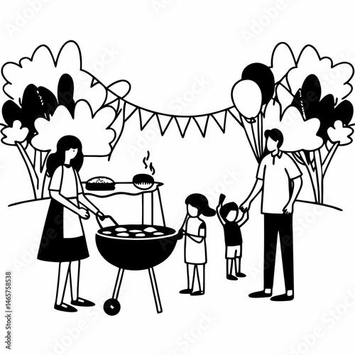 Whimsical Line Art Illustration of a Family Reunion Barbecue