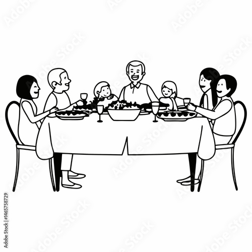 Monochrome Line Art Scene of a Family Reunion Dinner