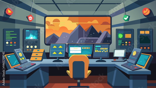 A control room filled with computer screens and equipment all dedicated to tracking and studying seismic events.. Vector illustration