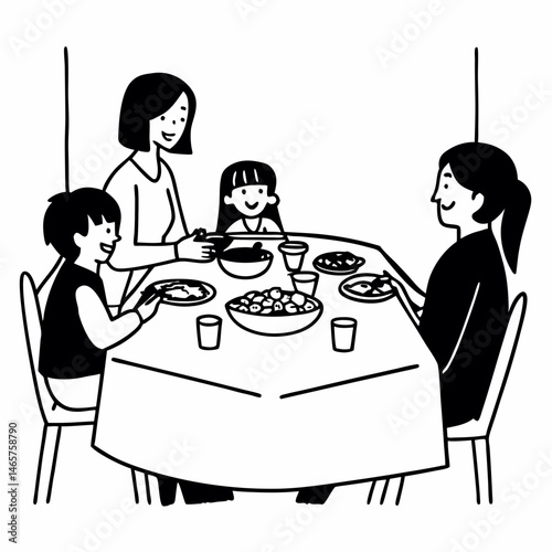 Monochrome Line Art Scene of a Family Reunion Dinner