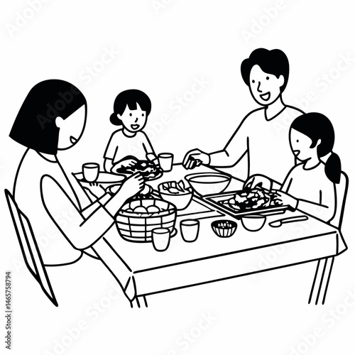 Monochrome Line Art Scene of a Family Reunion Dinner