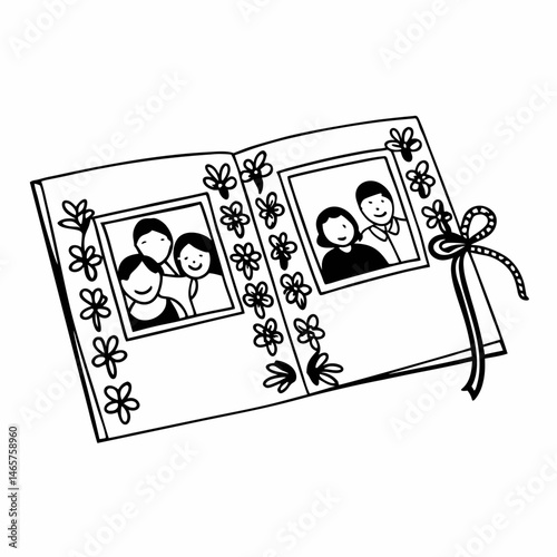 Vintage-Inspired Line Art Illustration of a Family Reunion Photo Album