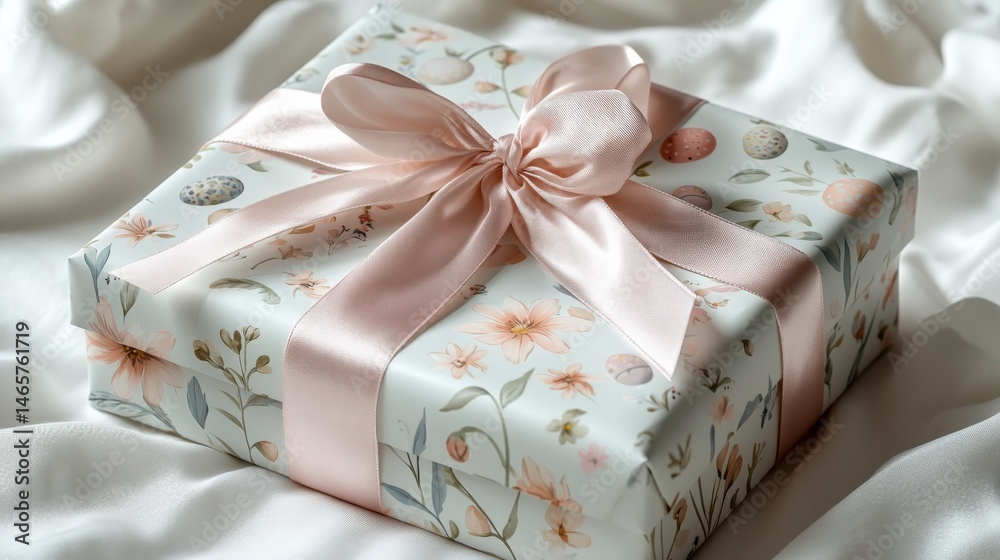 Elegant Floral Gift Box with Satin Ribbon on Soft Satin Fabric Background Elegant Floral Gift Box with Satin Ribbon on Soft Satin Fabric Background