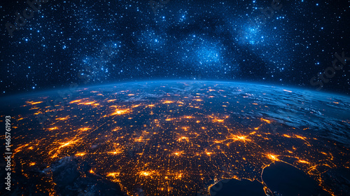 Aerial view of Earth at night displaying glowing city lights against a backdrop of starry outer space scene.