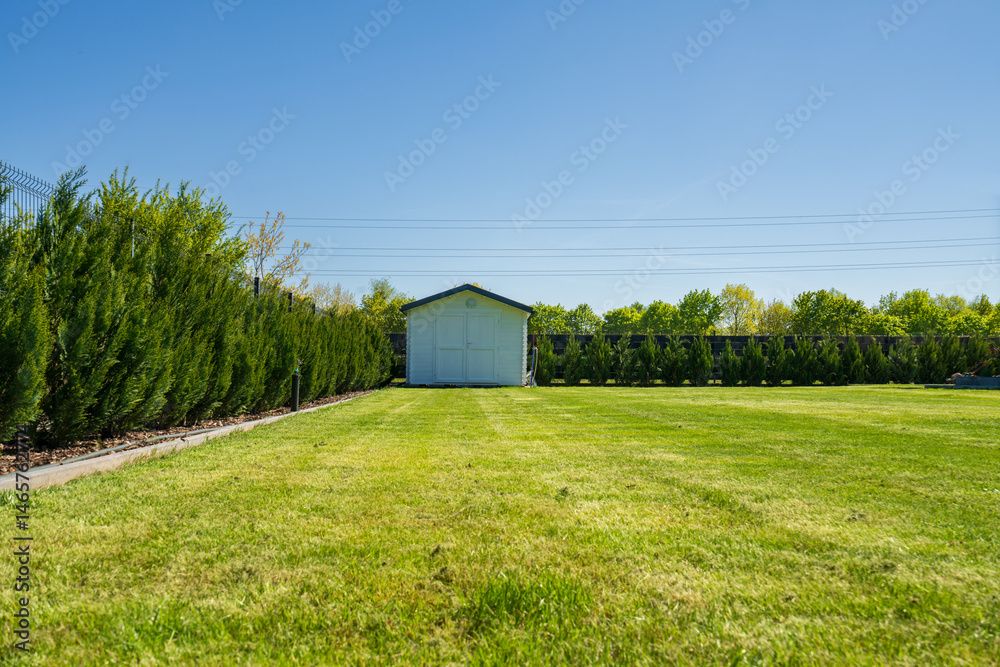 Perfectly cut lawn in the fully detached new build house garden