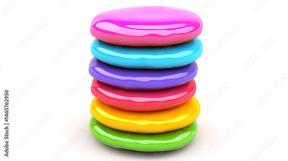 Stack of Colorful Glossy Discs: A Vibrant Rainbow of Shapes Stack of Colorful Glossy Discs: A Vibrant Rainbow of Shapes