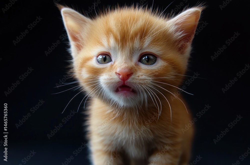 Fototapeta premium close-up of an orange tabby kitten with wide eyes and slightly open mouth showing curiosity and innocence in front of a black background