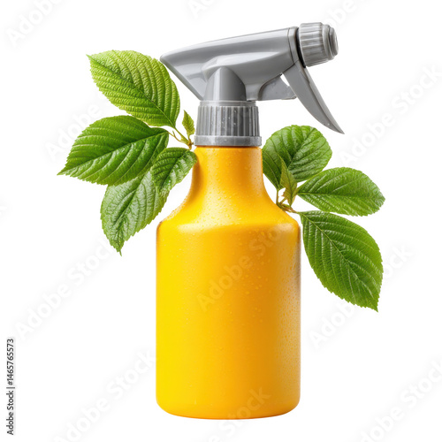Spray bottle with green leaves concept for garden tips and fruit care in fresh natural environment