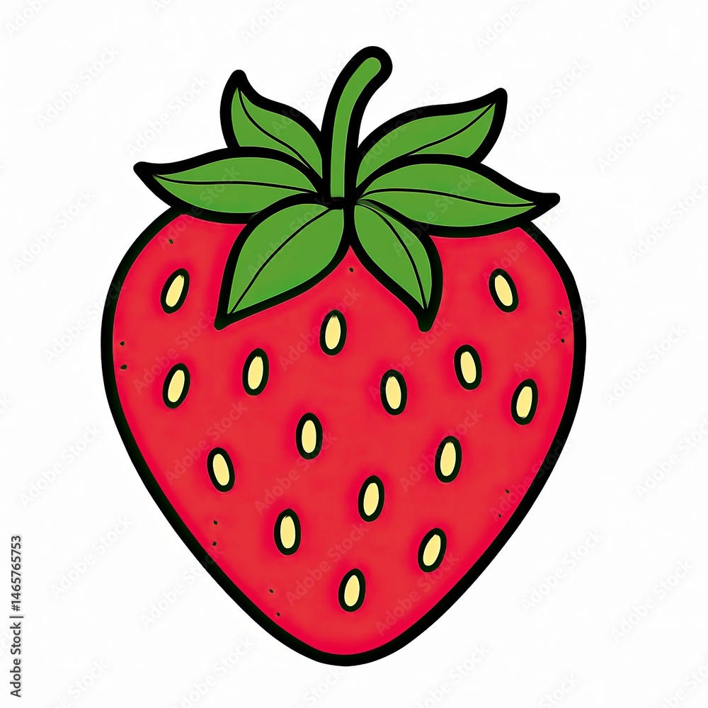 Obraz premium Red strawberry fruit showing seeds and green leaves