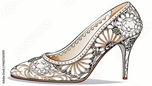Elegant white lace high heel shoe on a white isolated background.
