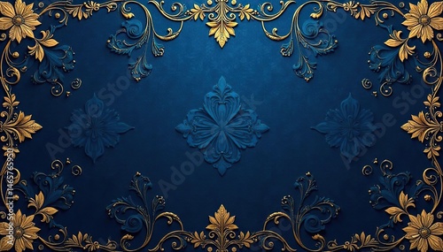 Intricate floral damask pattern in elegant gold on deep blue background , blue, design