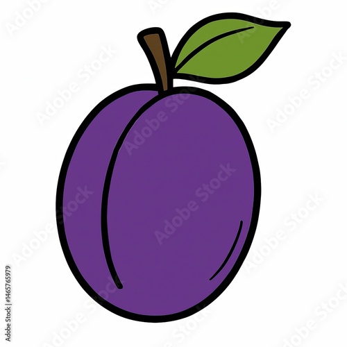 Drawing of a single ripe purple plum with green leaf and stem