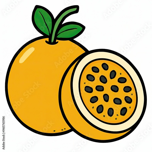 Fresh passion fruit showing its seeds and leaves