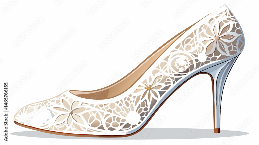 Obraz premium Elegant white lace high heel shoe on a white isolated background.