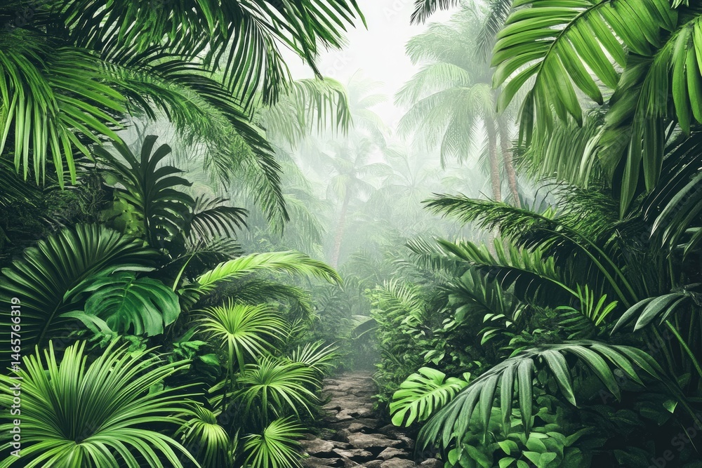 Fototapeta premium Lush jungle path through mist