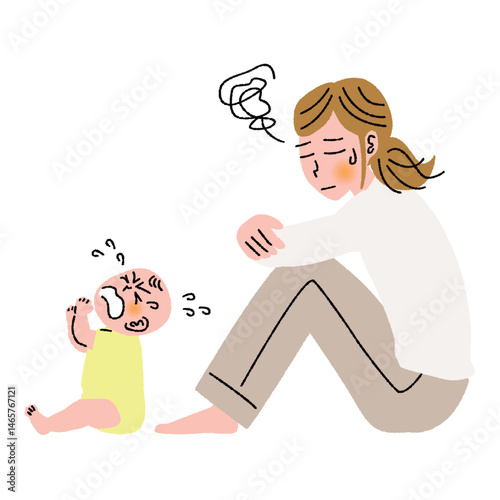 子育てに疲れる母親と泣く赤ちゃん
