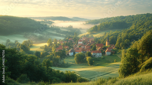 Misty sunrise over a small village nestled in a green valley