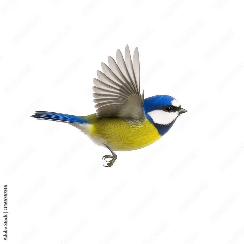 Obraz premium Vibrant blue and yellow bird in mid flight, showcasing its colorful plumage and graceful wings against clear background. bird dynamic pose captures sense of freedom and movement