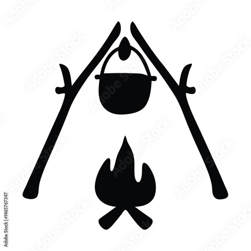 Simple camping illustration of a campfire with a cooking pot suspended above