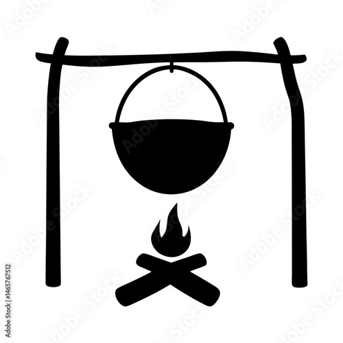 Simple silhouette of cooking pot hanging over campfire, camping and outdoors