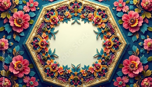 Intricate floral pattern within a hexagonal geometric frame , texture, illustration