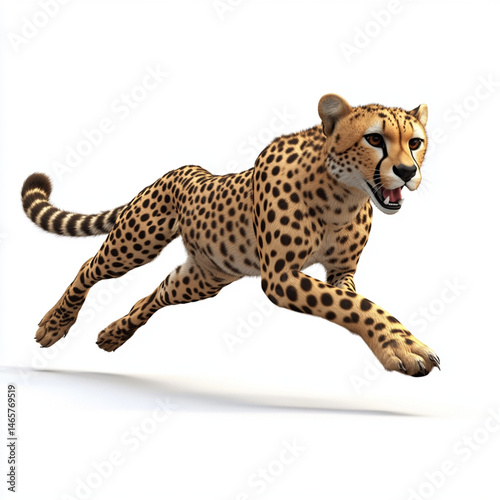 Cheetah in mid-sprint against a plain backdrop, showcasing its sleek, spotted coat and powerful musculature in dynamic motion.