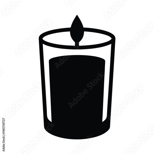 Solid black candle in a glass holder, flickering flame icon