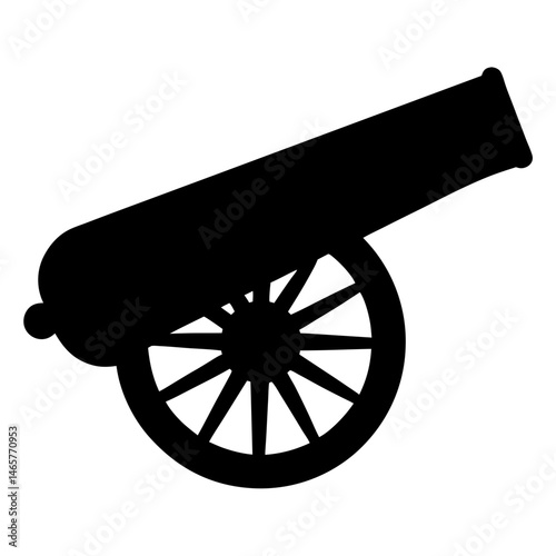 Simple black silhouette of a wheeled cannon aimed to the upper right