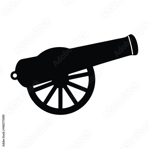 Black Silhouette of a Vintage Cannon Weapon with Spoked Wheels isolated