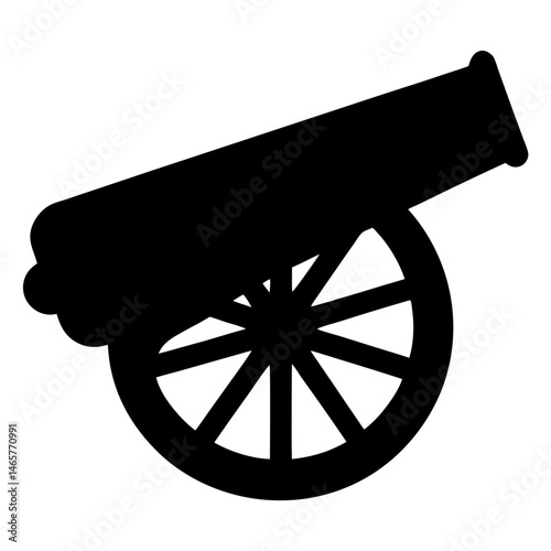 Silhouette of a cannon with large wheels in black and white