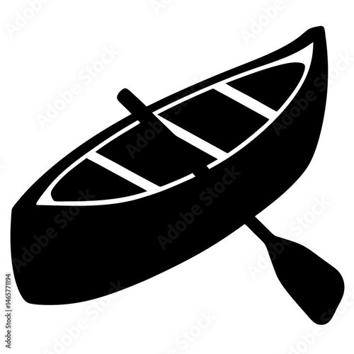 A black and white image of a canoe with a paddle silhouette