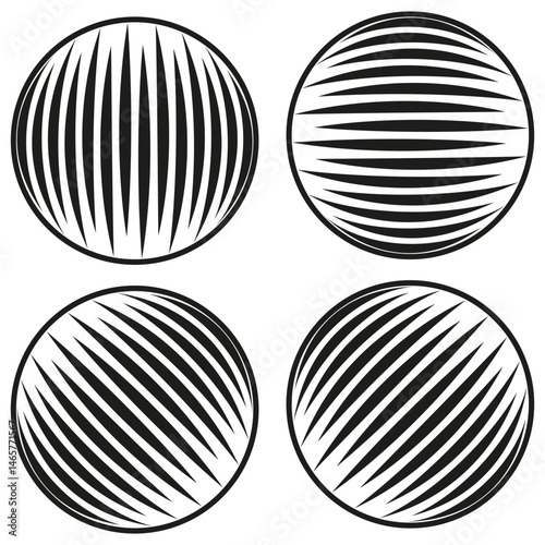 Striped sphere icon. Circular shape vector. Optical rounded form. Abstract black texture.