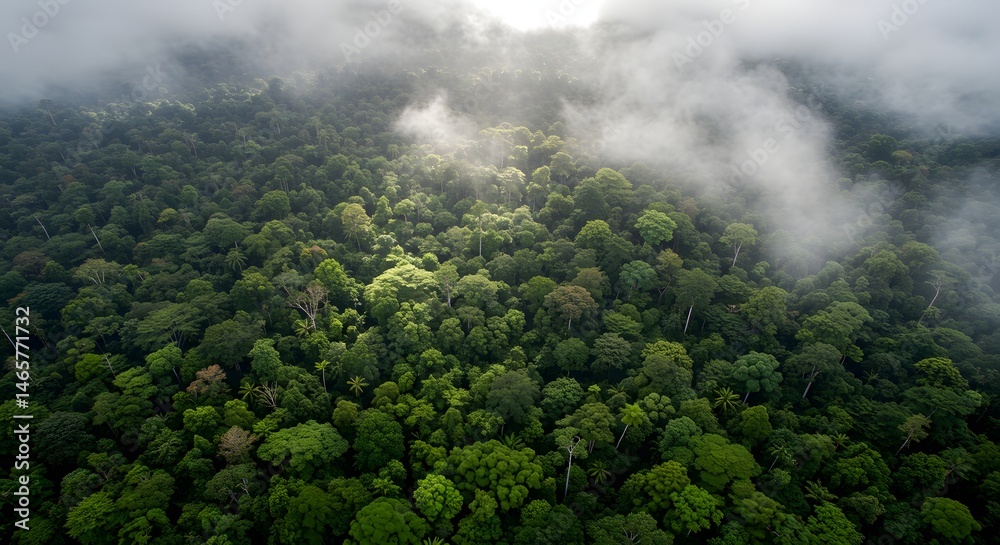 Aerial view of a lush green forest with mist and sunlight Aerial view of a lush green forest with mist and sunlight