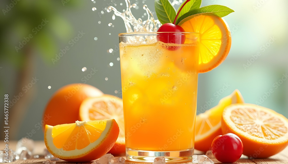 Fototapeta premium Splashing orange juice with cherries and orange slices