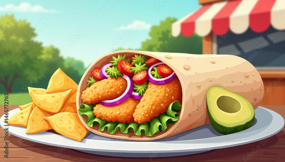 Chicken Burrito with Chips and Avocado on a Plate