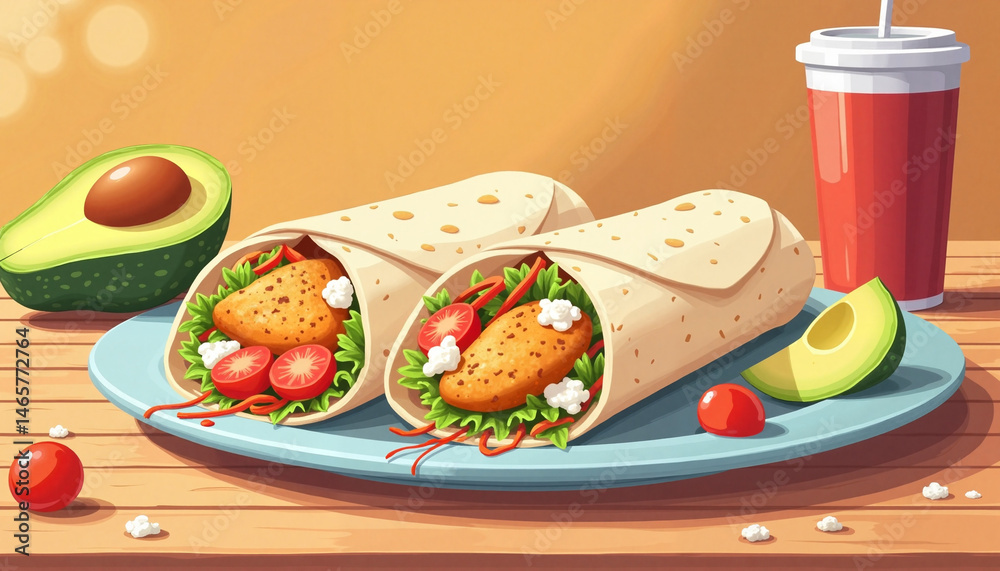 Chicken Burrito with Avocado and Drink on a Wooden Table