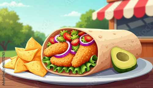 Obraz na płótnie Chicken Burrito with Chips and Avocado on a Plate w salonie