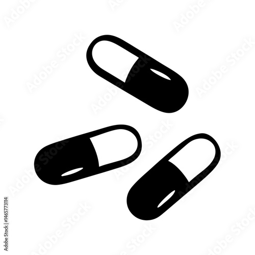 Three black capsule pills on a white background offering medical treatment