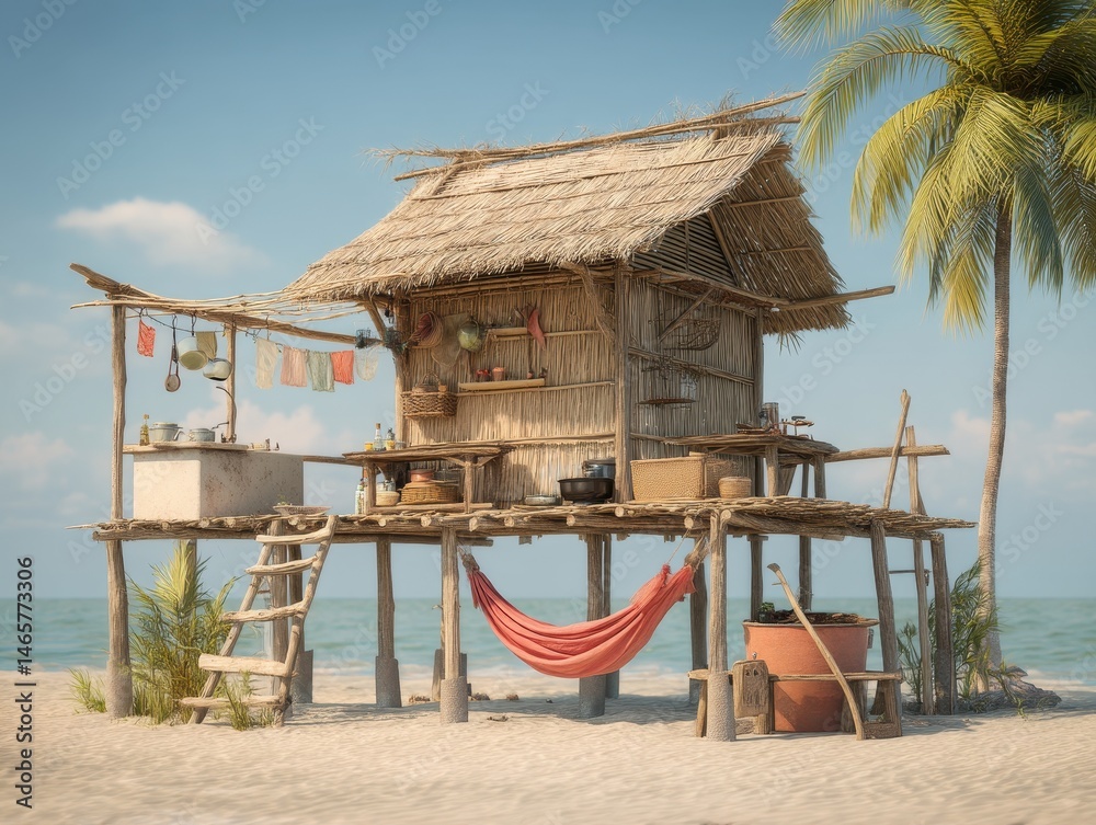 Fototapeta premium Seaside Stilt House: A rustic tropical structure with a straw roof, kitchen, and hammock, offering a relaxing beach getaway experience.