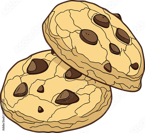 Sweet Temptation: A close-up shot reveals two delectable chocolate chip cookies, each boasting a golden-brown hue and an irresistible allure.
