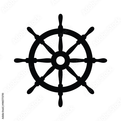 A classic and iconic ship's wheel with eight handles in black silhouette