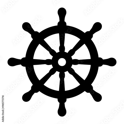 A stark black silhouette of a nautical ship's wheel on white background