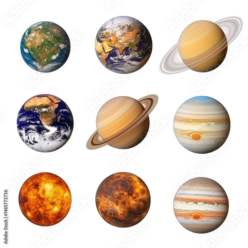 Wallpaper Mural Collection of nine planets, including Earth, Saturn, and Jupiter, showcasing diverse colors and textures. planets are arranged in grid, highlighting their unique features and atmospheric details Torontodigital.ca