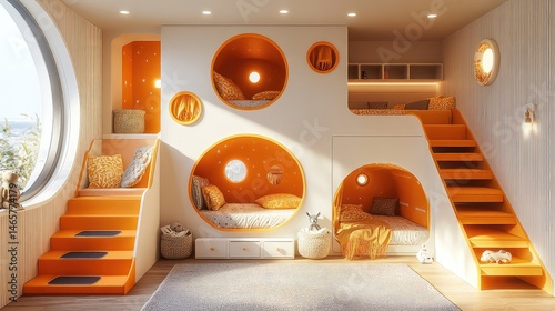 Kids Room with Orange Bunk Beds, and Playful Design.