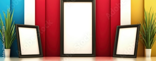 Empty Picture Frames Against Vibrant Red Blue and Yellow Wall with