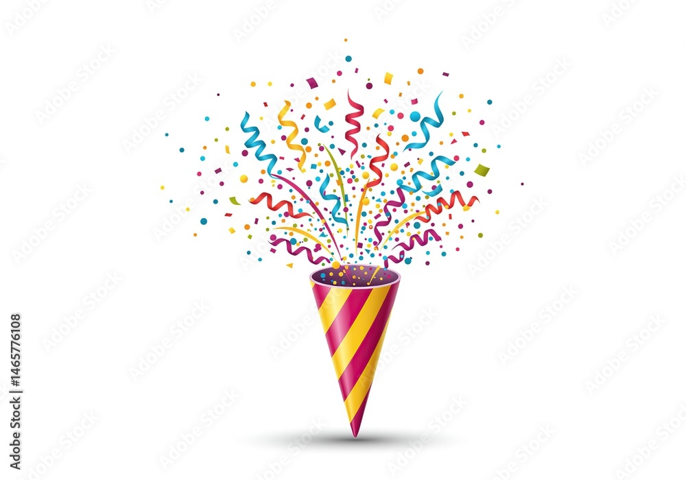 Fototapeta premium Colorful Party Popper with Confetti and Ribbons