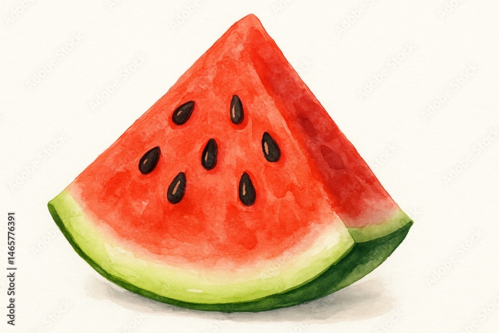 Juicy and refreshing, a watercolor painting captures the vibrant red flesh and black seeds of a watermelon slice, evoking the essence of summer and healthy eating