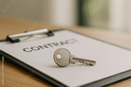 Obraz na płótnie Metal house key resting on a contract document secured to a clipboard, representing the process of real estate purchase or rental agreement in the housing market w salonie
