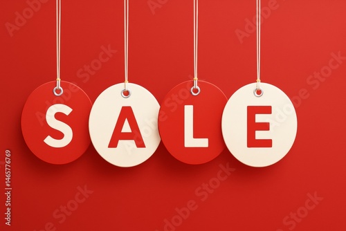 Four round labels with the word sale hanging from strings against a red background create a vibrant and attention-grabbing promotional image